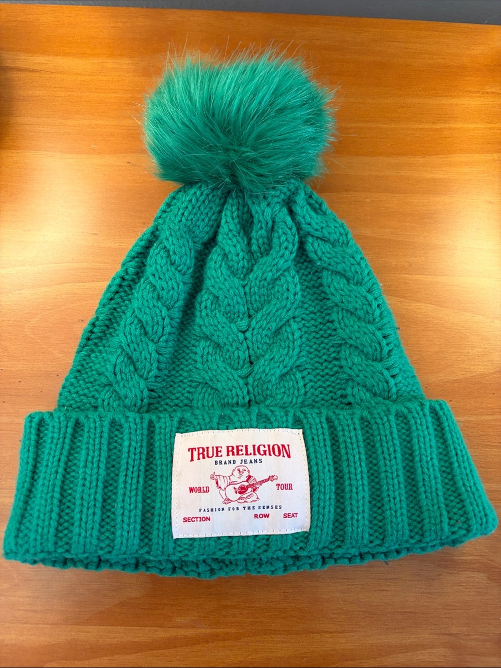 True Religion Teal Green Cable Knit Pom Beanie